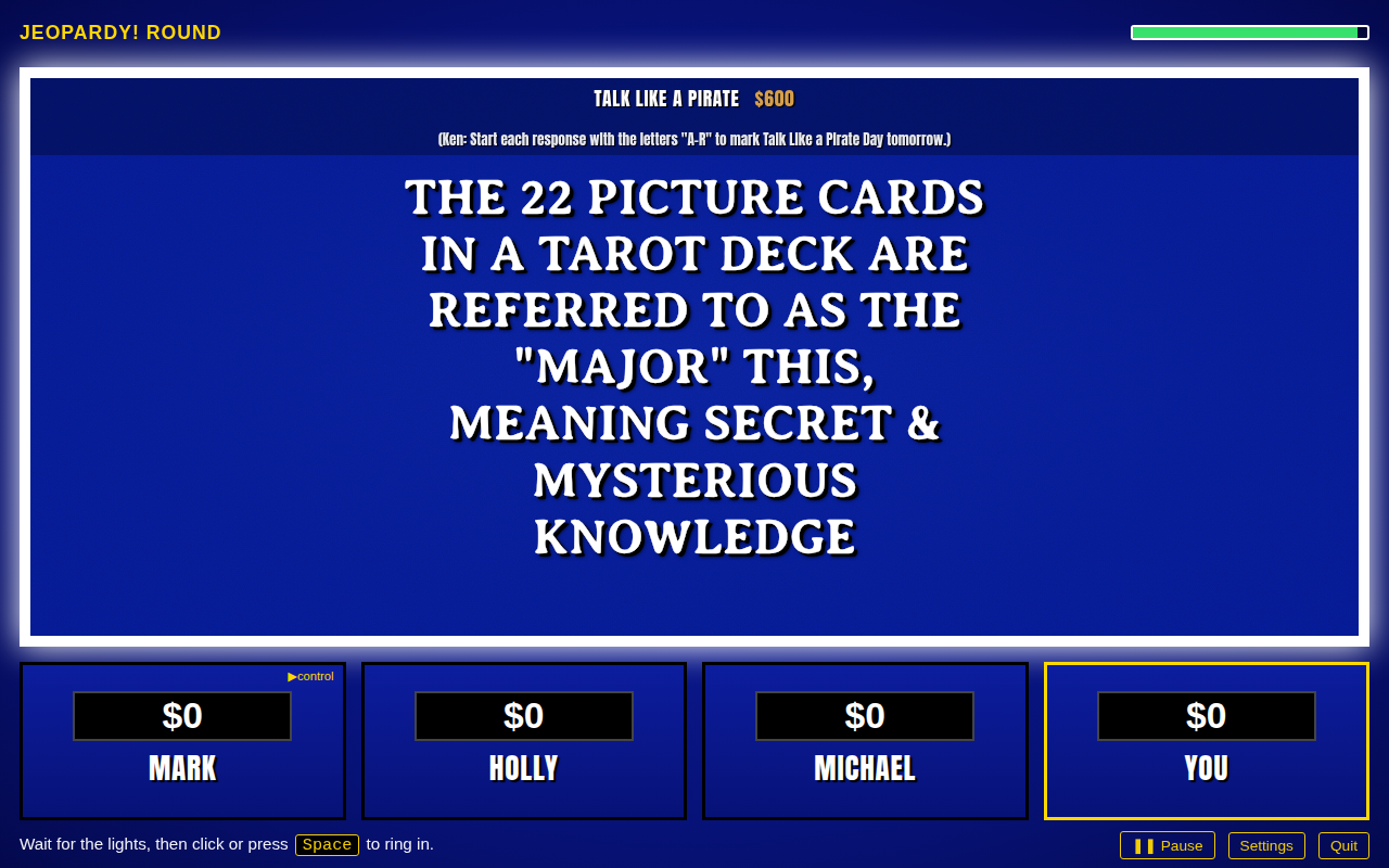 A clue on the board with the lights on, ready to ring in